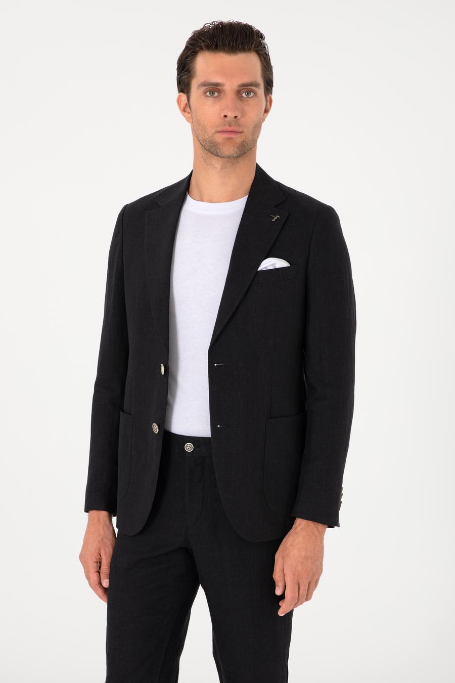 Siyah Slim Fit %100 Keten Ceket - 50306124251