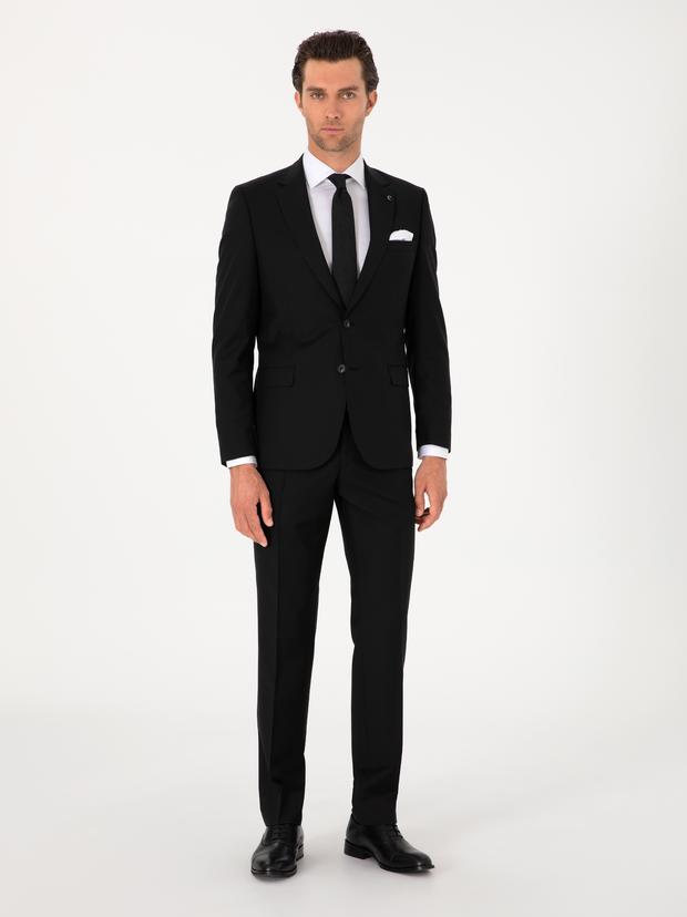 Siyah Slim Fit %100 Yün Klasik Takım Elbise