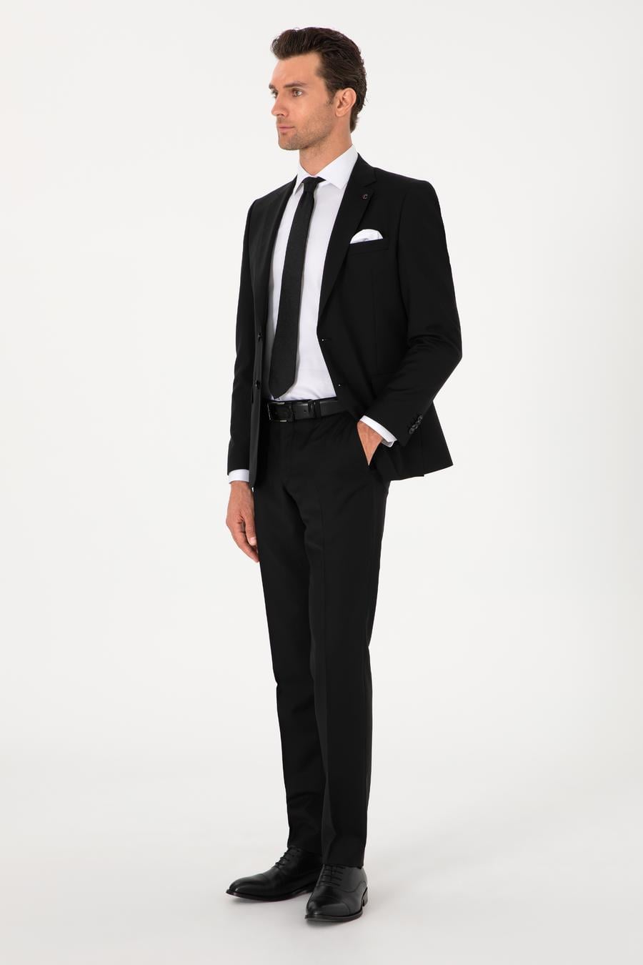 Siyah Slim Fit %100 Yün Klasik Takım Elbise - 50304078045