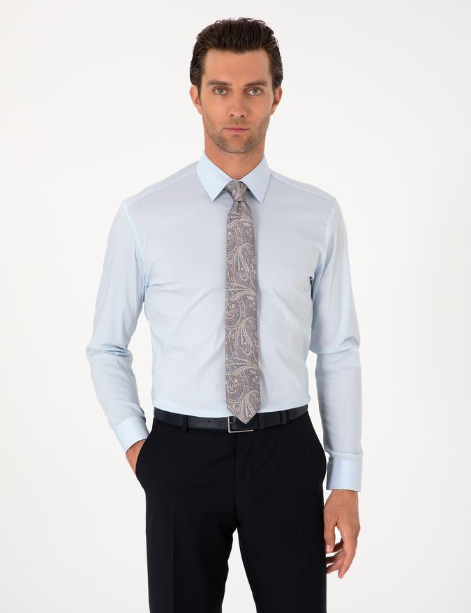 Açık Mavi Slim Fit Non Iron Pamuk Karışımlı Klasik Gömlek