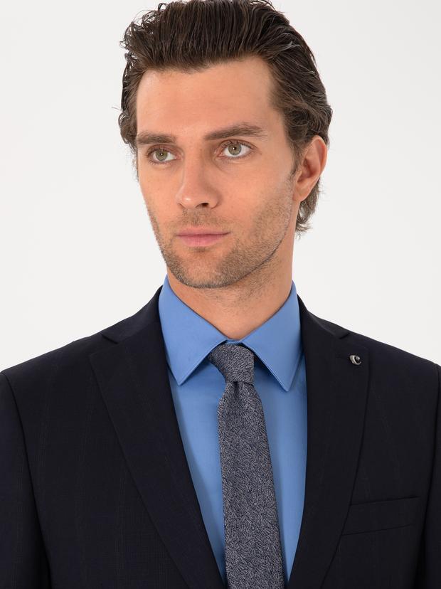Koyu Lacivert Slim Fit %100 Yün Çizgili Takım Elbise