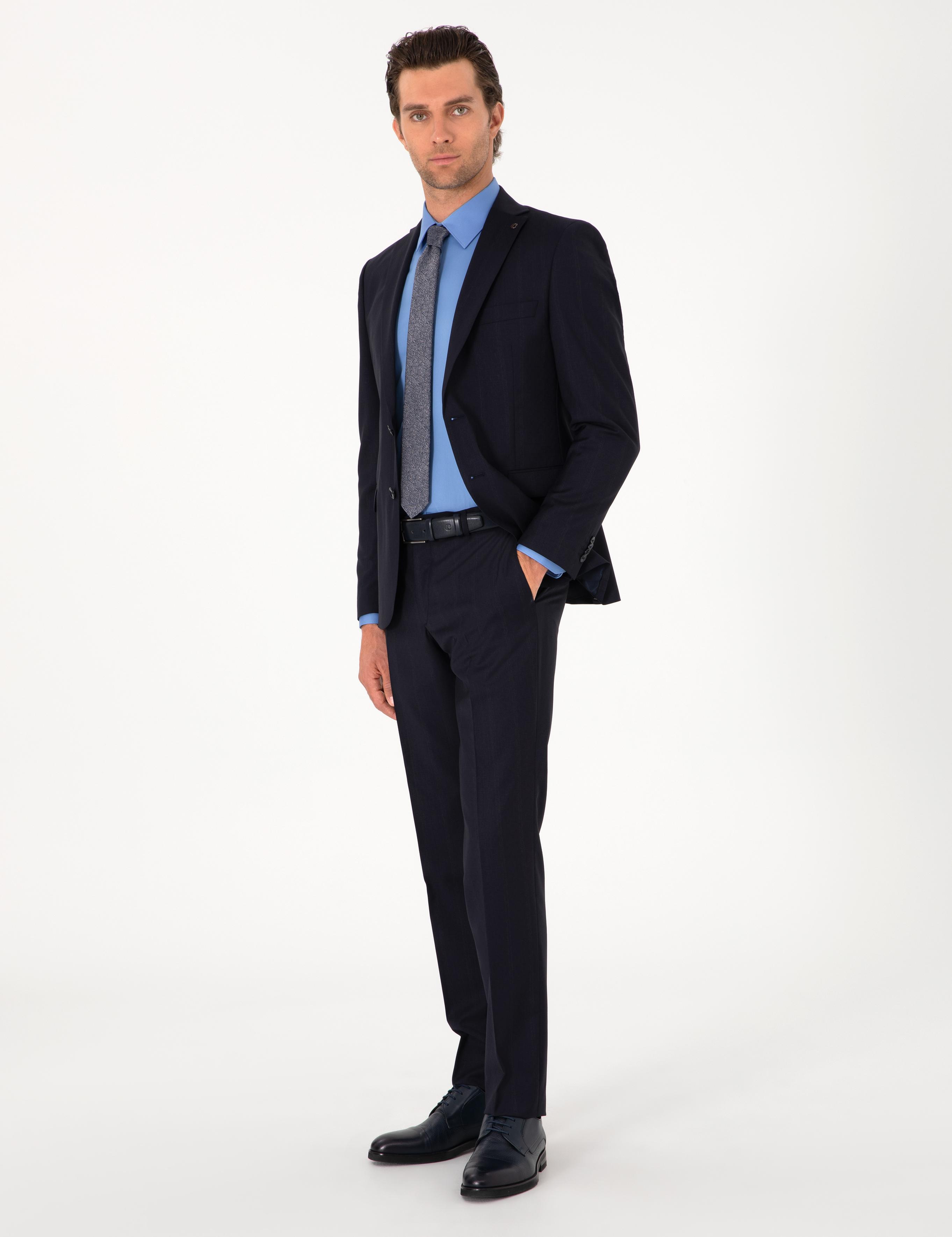 Koyu Lacivert Slim Fit %100 Yün Çizgili Takım Elbise - 50300517008
