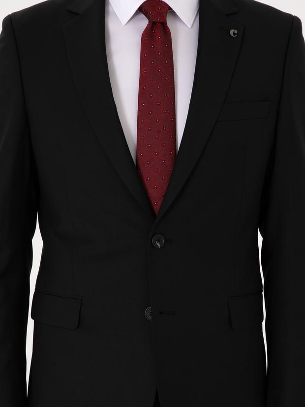 Siyah Slim Fit %100 Yün Mono Yaka Takım Elbise