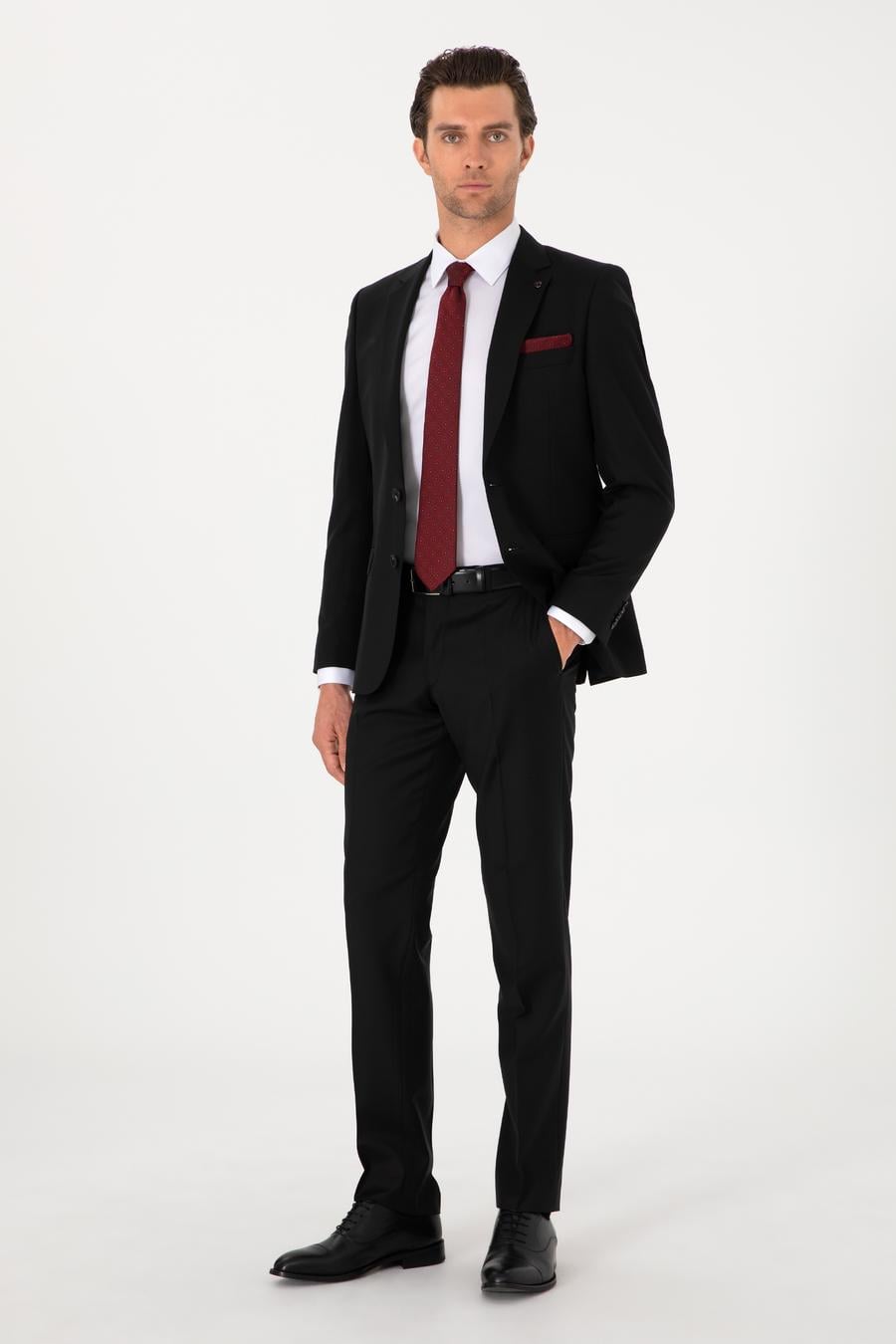 Siyah Slim Fit %100 Yün Mono Yaka Takım Elbise - 50310092038