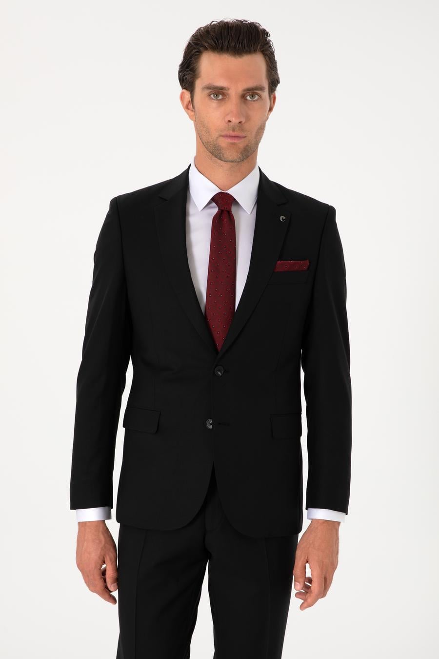 Siyah Slim Fit %100 Yün Mono Yaka Takım Elbise - 50310092038