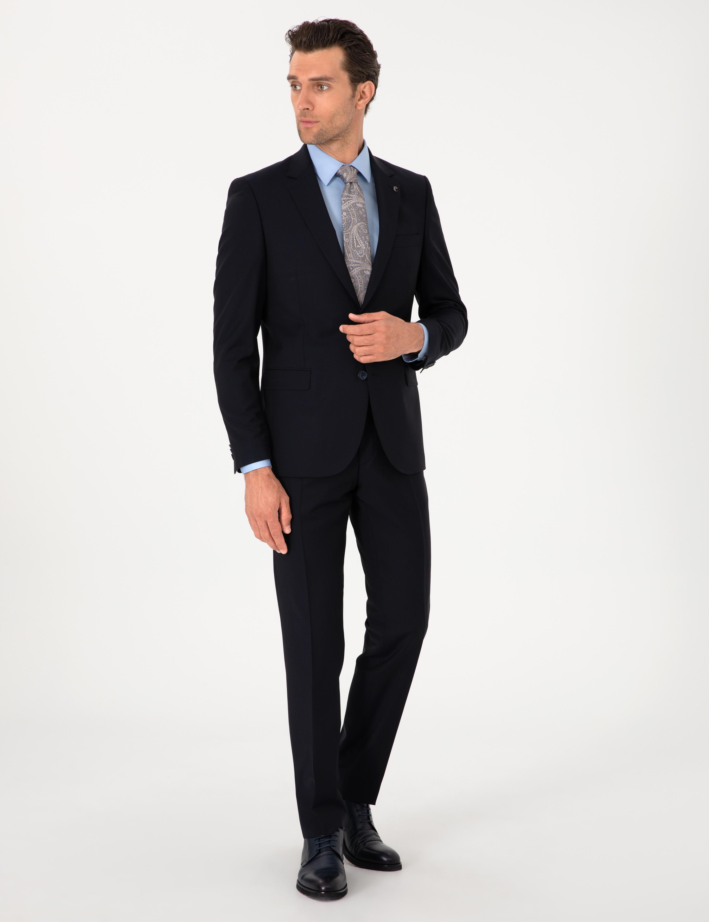 Lacivert Slim Fit %100 Yün Mono Yaka Takım Elbise - 50310092005