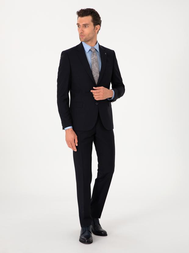 Lacivert Slim Fit %100 Yün Mono Yaka Takım Elbise