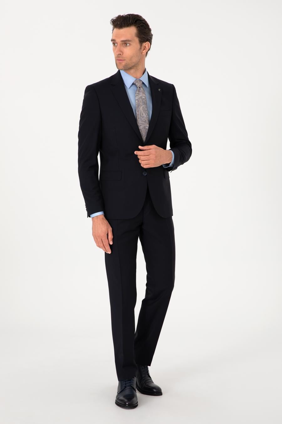 Lacivert Slim Fit %100 Yün Mono Yaka Takım Elbise - 50310092005