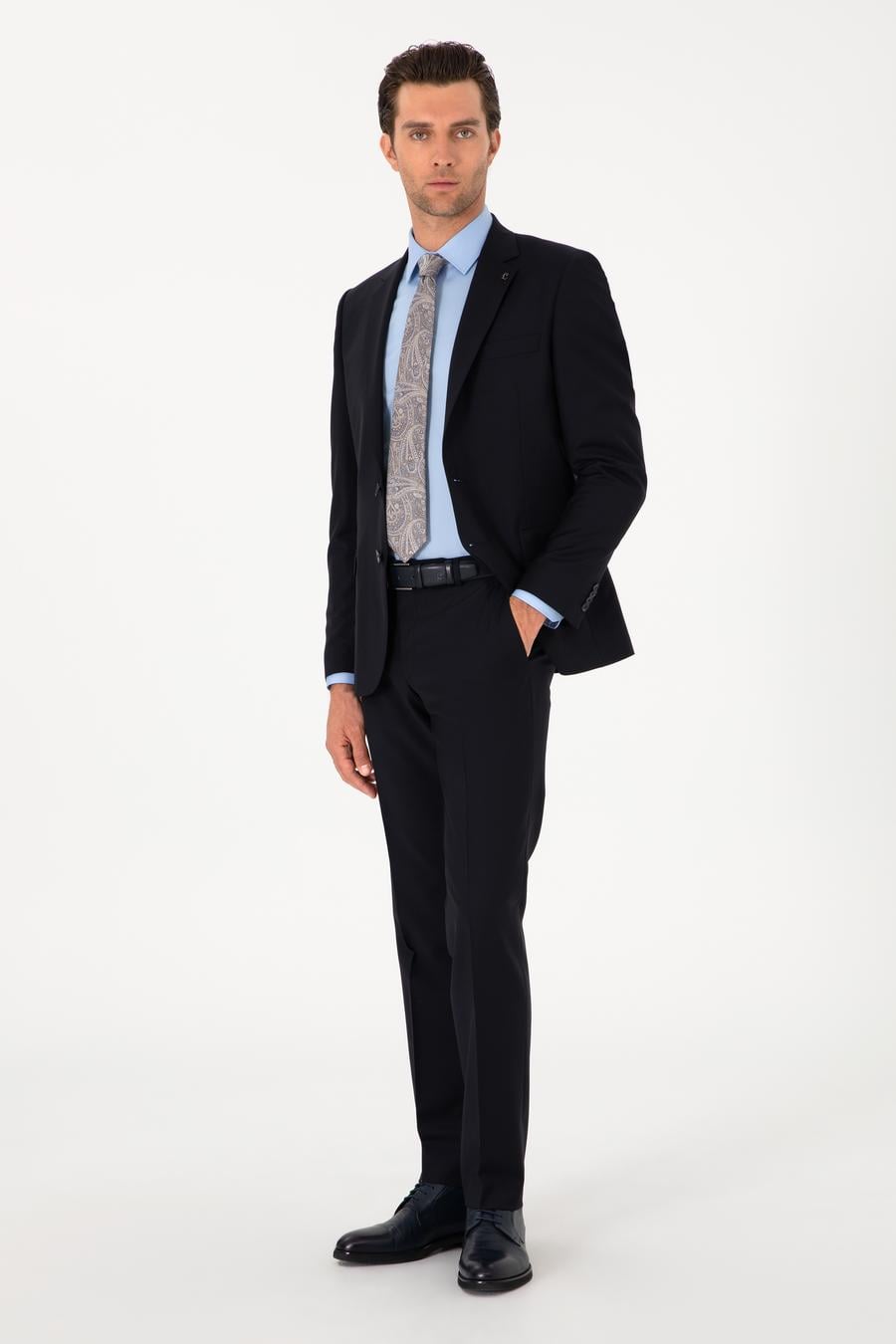 Lacivert Slim Fit %100 Yün Mono Yaka Takım Elbise - 50310092005