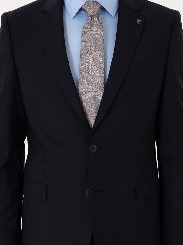 Lacivert Slim Fit %100 Yün Mono Yaka Takım Elbise