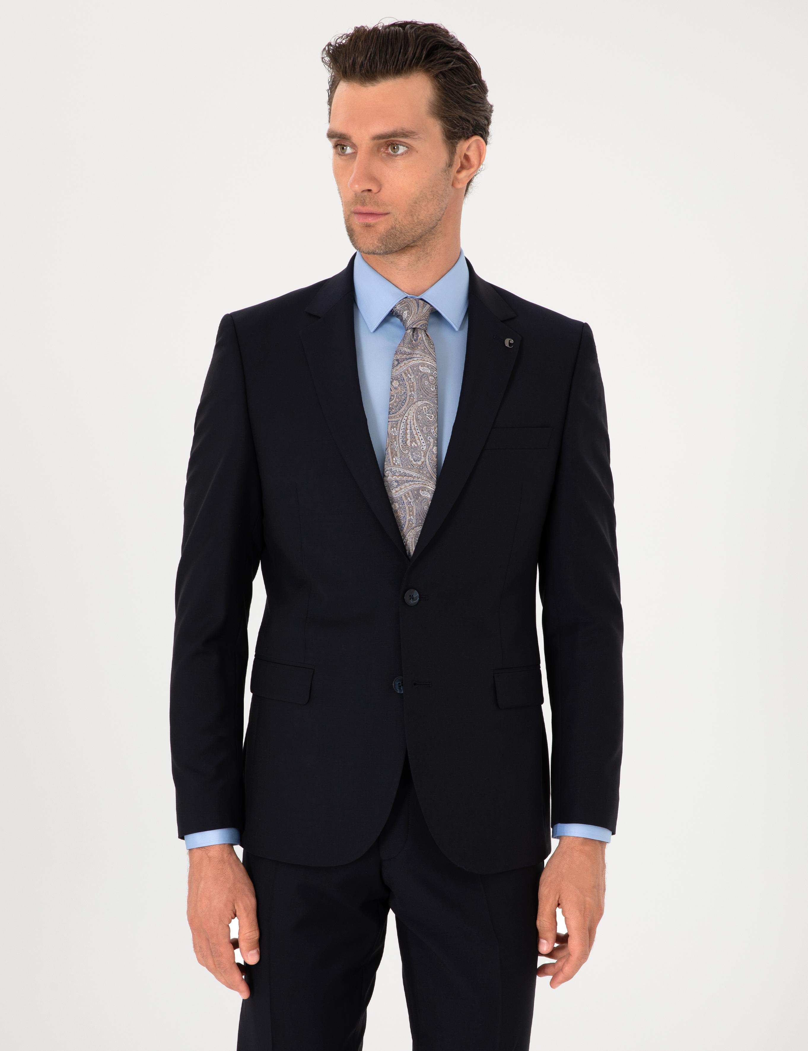 Lacivert Slim Fit %100 Yün Mono Yaka Takım Elbise - 50310092005