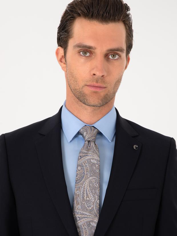 Lacivert Slim Fit %100 Yün Mono Yaka Takım Elbise