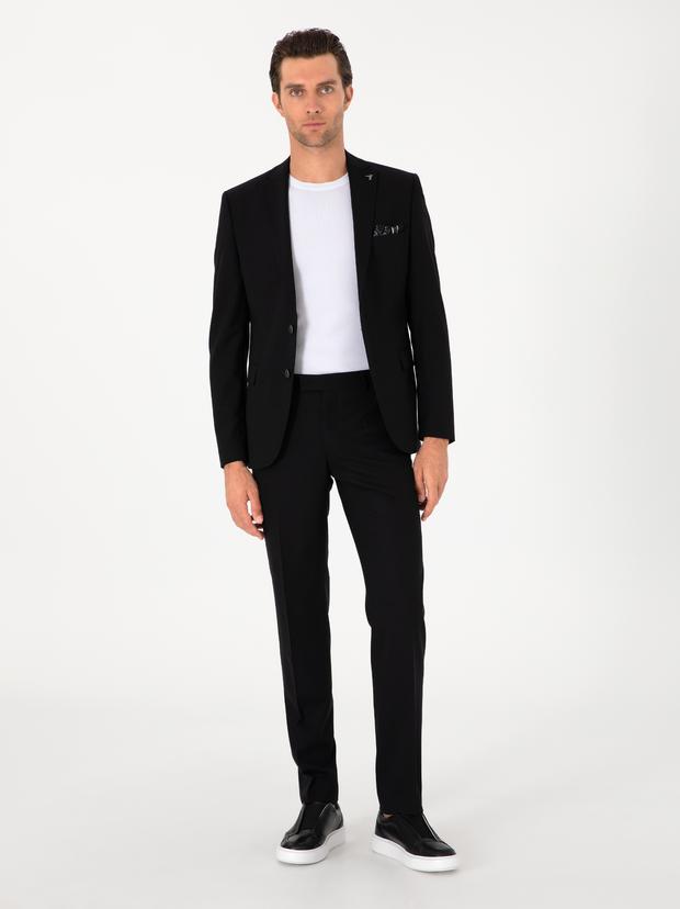 Siyah Slim Fit Yün Karışımlı Klasik Kumaş Pantolon