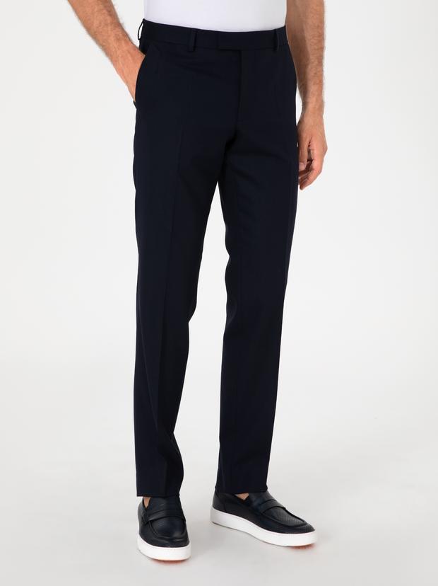 Lacivert Slim Fit Yün Karışımlı Klasik Kumaş Pantolon