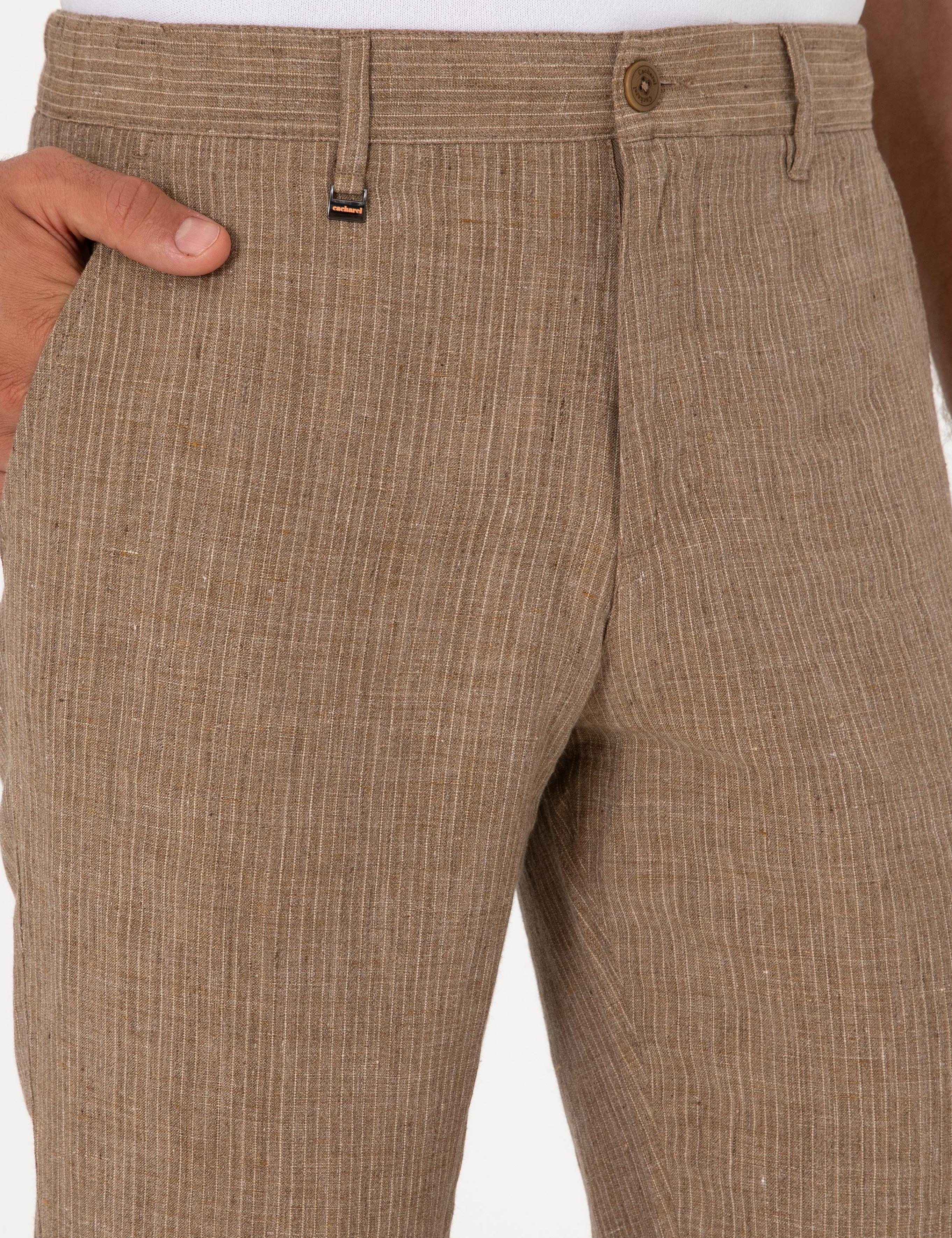 Açık Kahverengi Carrot Fit Beli Lastikli %100 Keten Spor Pantolon - 50298913131