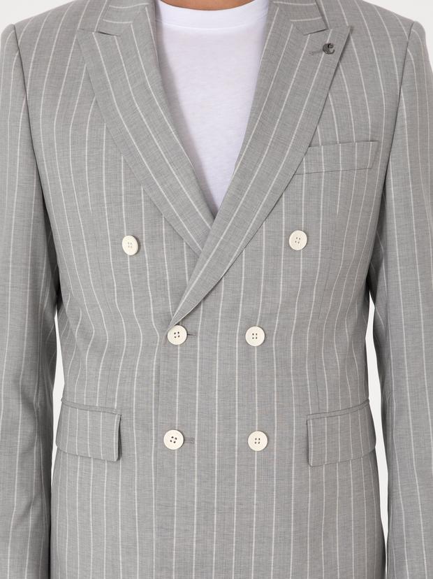 Açık Gri Slim Fit %100 Yün Çizgili Kruvaze Takım Elbise