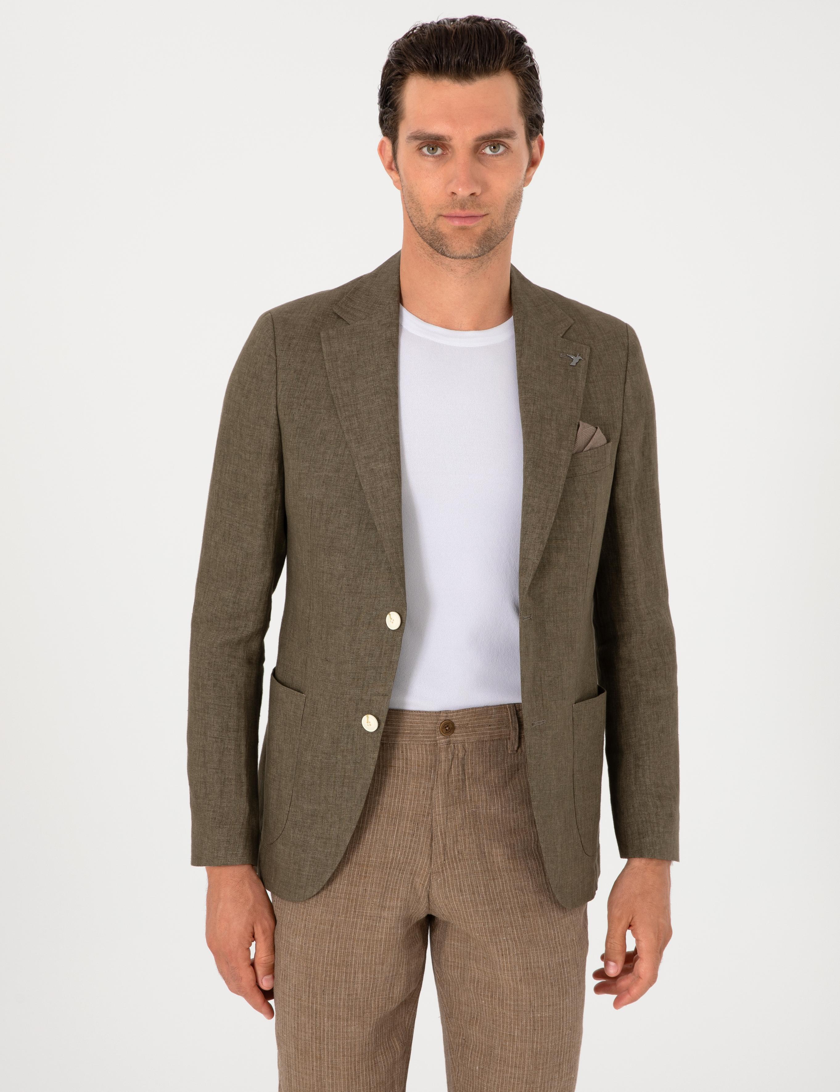 Haki Slim Fit %100 Keten Ceket - 50306124080
