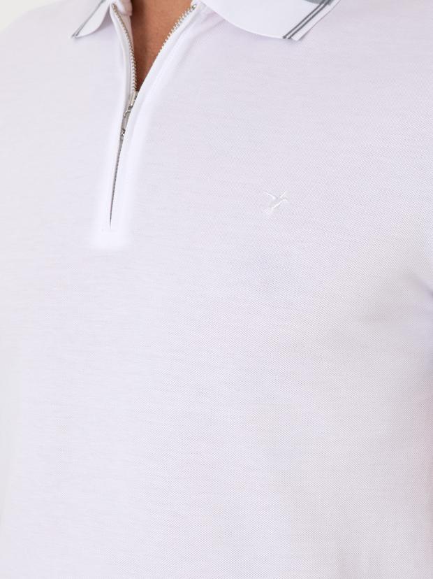 Beyaz Slim Fit %100 Pamuk Fermuarlı Polo Yaka T-shirt