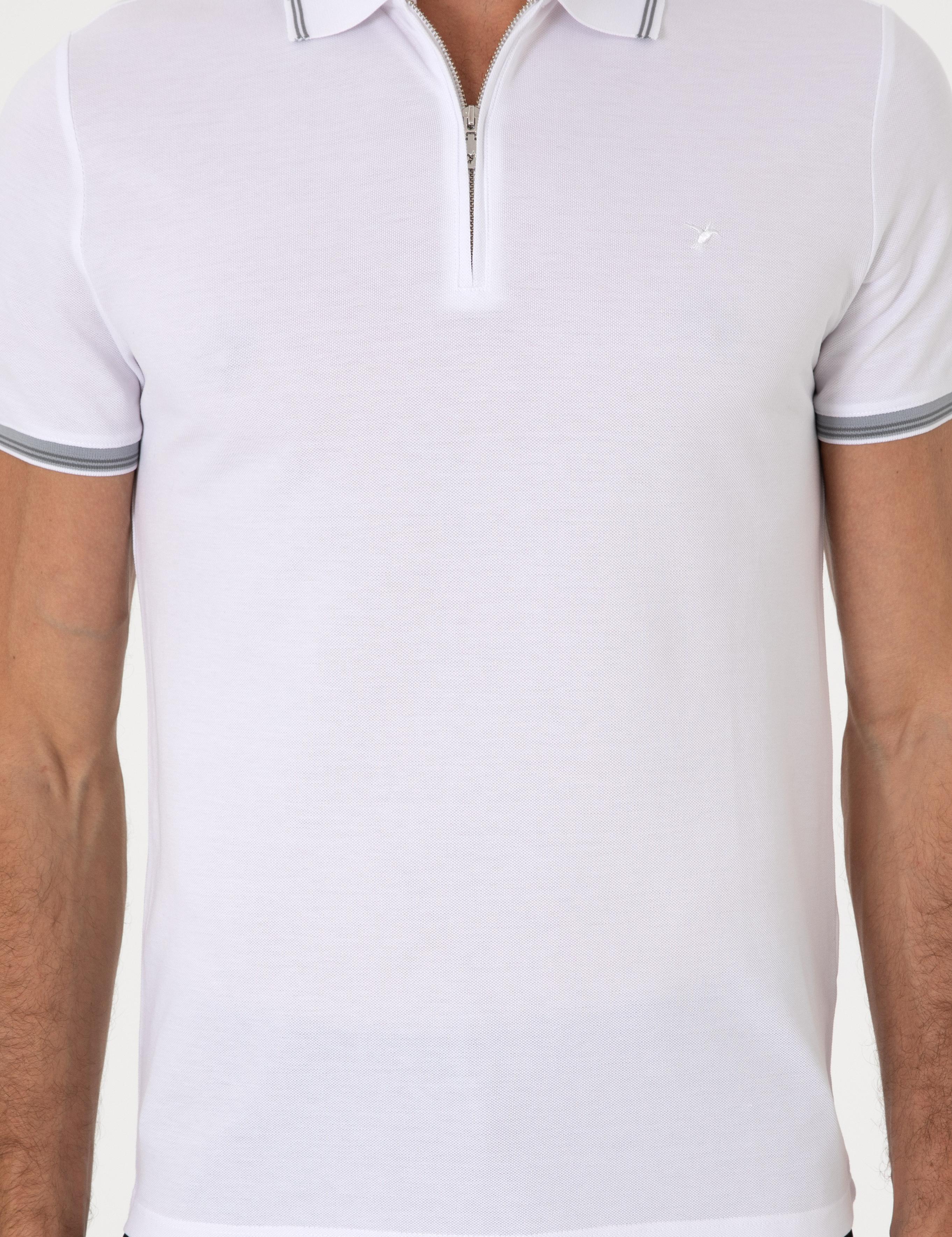 Beyaz Slim Fit %100 Pamuk Fermuarlı Polo Yaka T-shirt - 50301382040