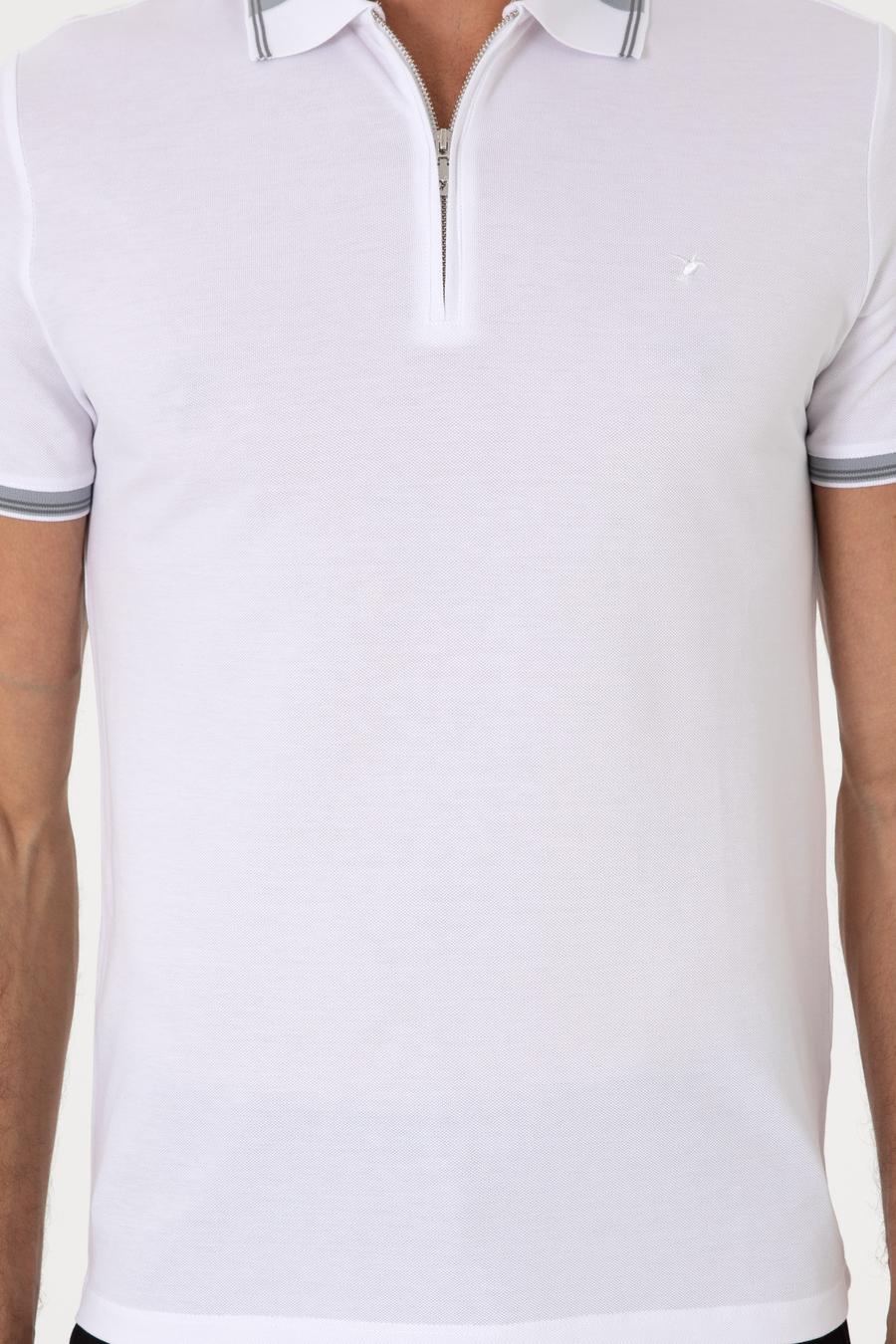 Beyaz Slim Fit %100 Pamuk Fermuarlı Polo Yaka T-shirt - 50301382040
