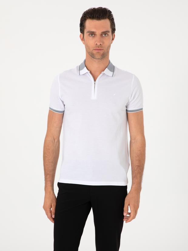 Beyaz Slim Fit %100 Pamuk Fermuarlı Polo Yaka T-shirt