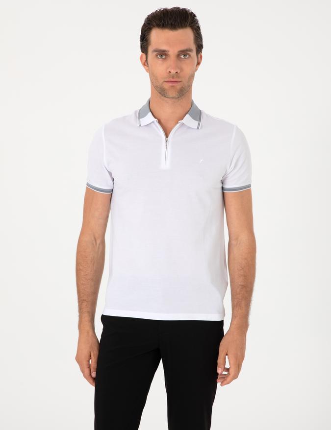 Beyaz Slim Fit %100 Pamuk Fermuarlı Polo Yaka T-shirt