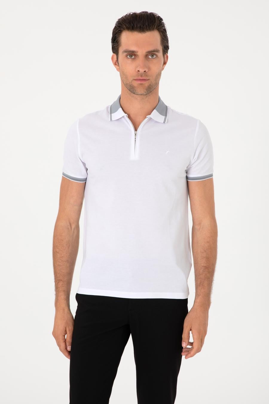 Beyaz Slim Fit %100 Pamuk Fermuarlı Polo Yaka T-shirt - 50301382040
