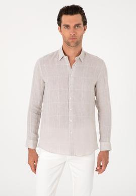 Bej Regular Fit Kareli %100 Keten Gömlek