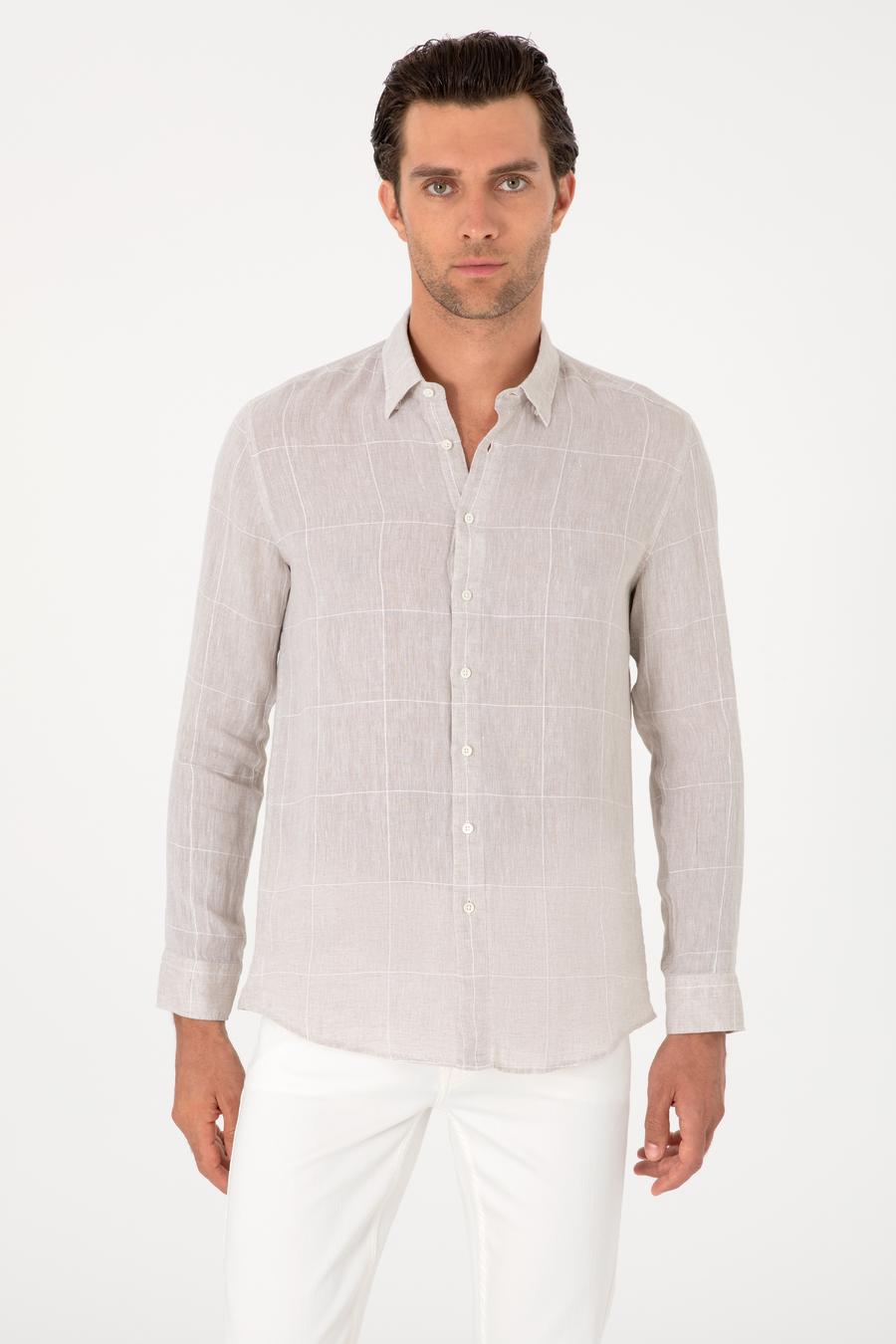 Bej Regular Fit Kareli %100 Keten Gömlek - 50300534023