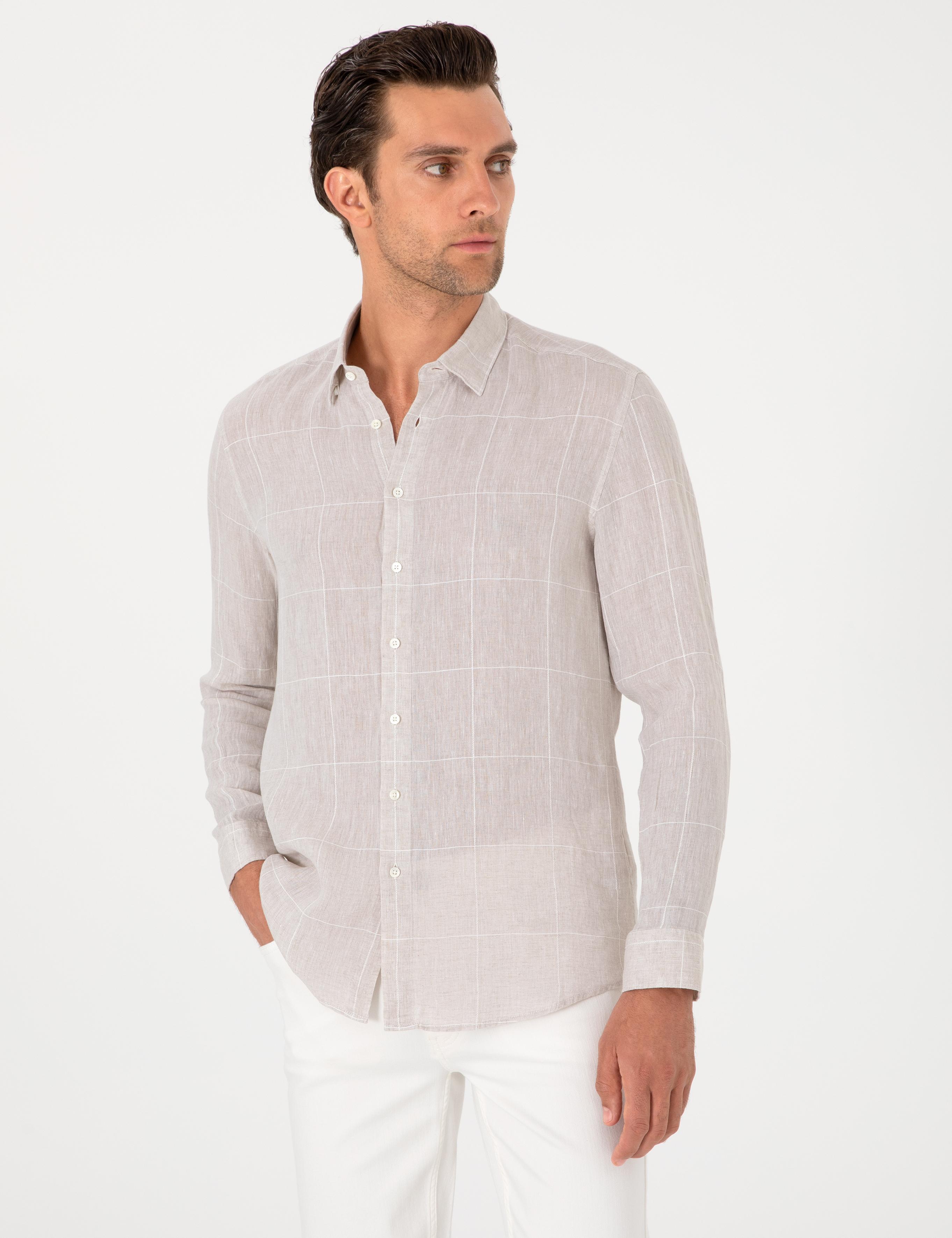 Bej Regular Fit Kareli %100 Keten Gömlek - 50300534023