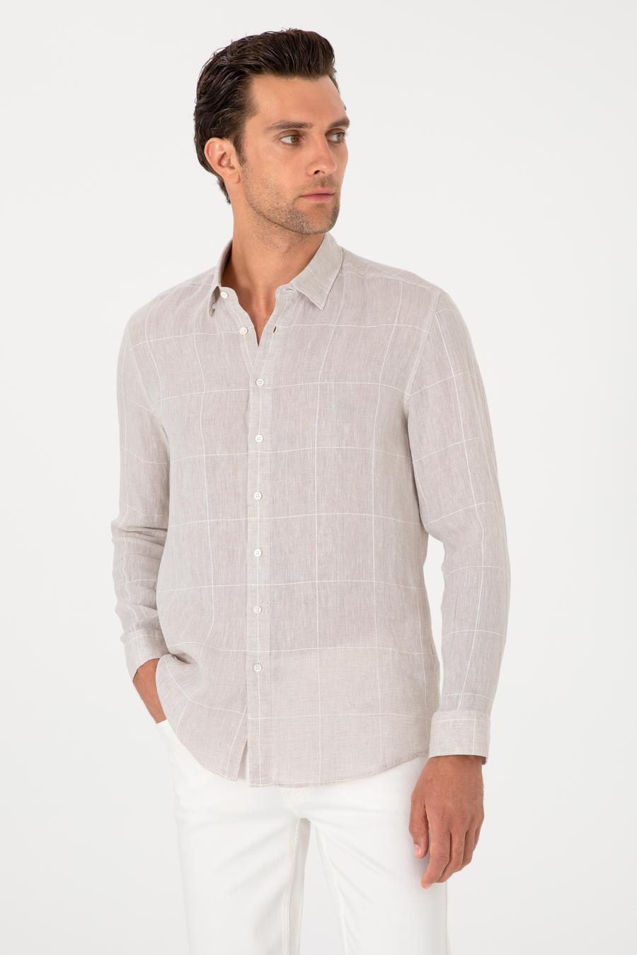 Bej Regular Fit Kareli %100 Keten Gömlek - 50300534023