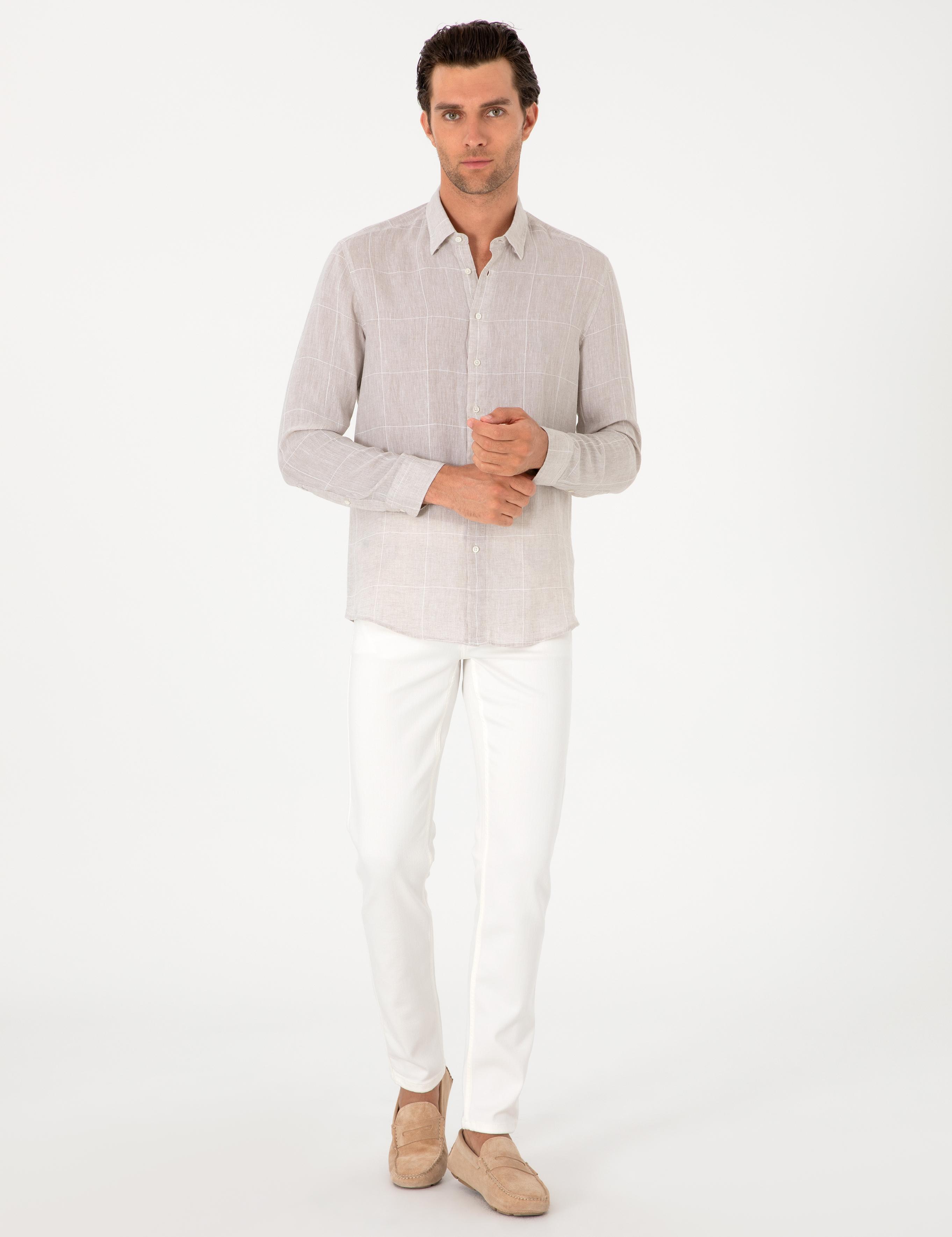 Bej Regular Fit Kareli %100 Keten Gömlek - 50300534023