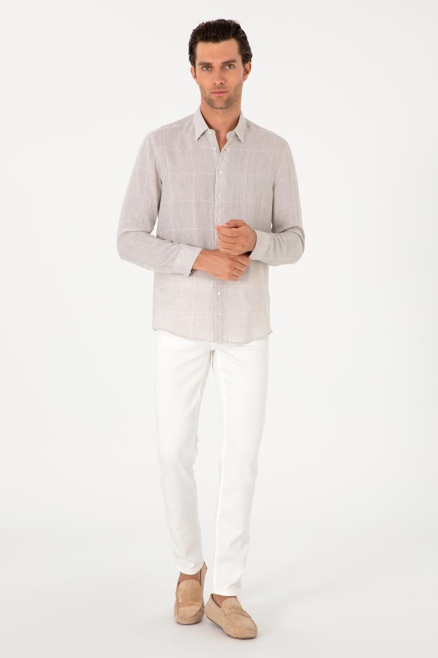 Bej Regular Fit Kareli %100 Keten Gömlek - 50300534023