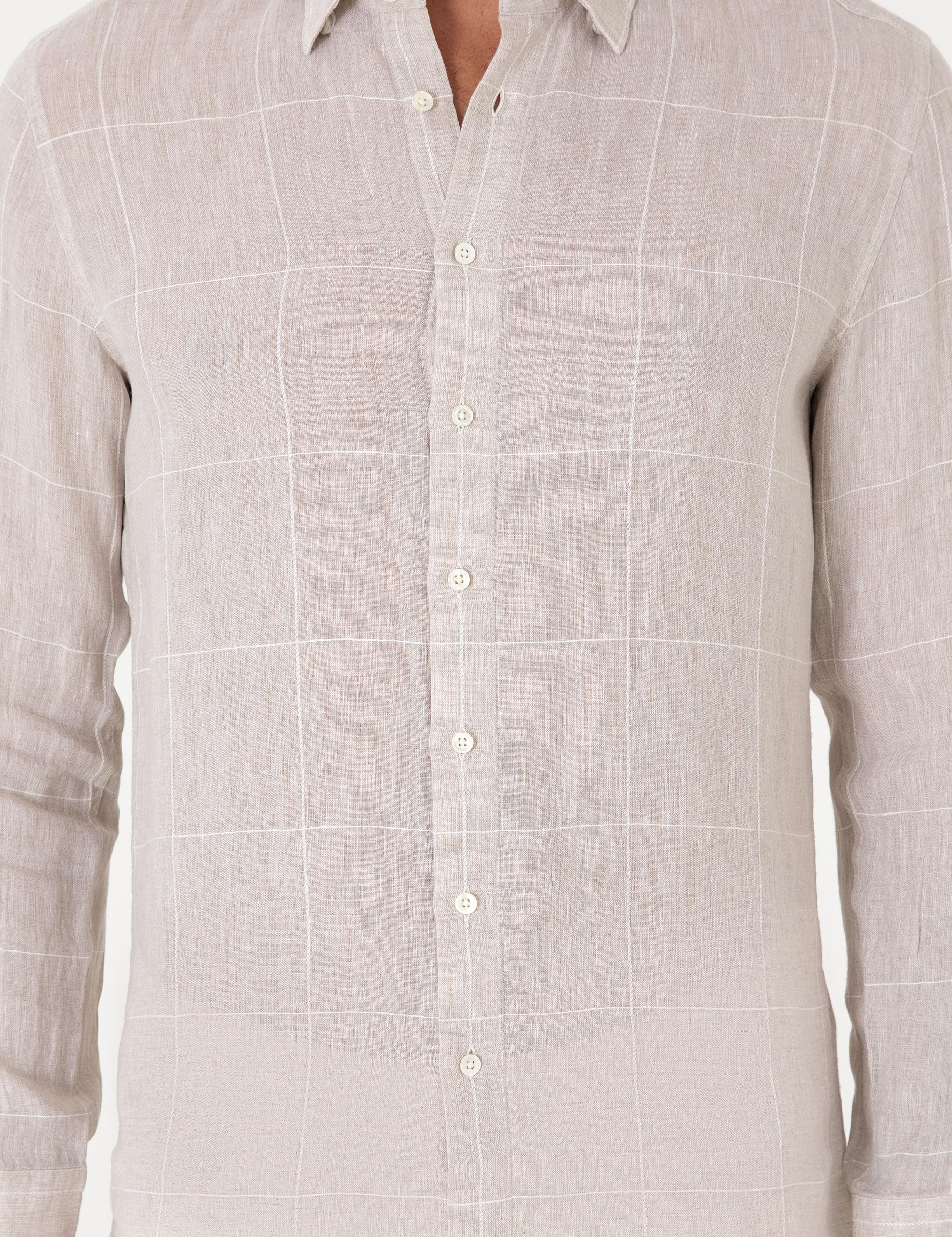 Bej Regular Fit Kareli %100 Keten Gömlek - 50300534023