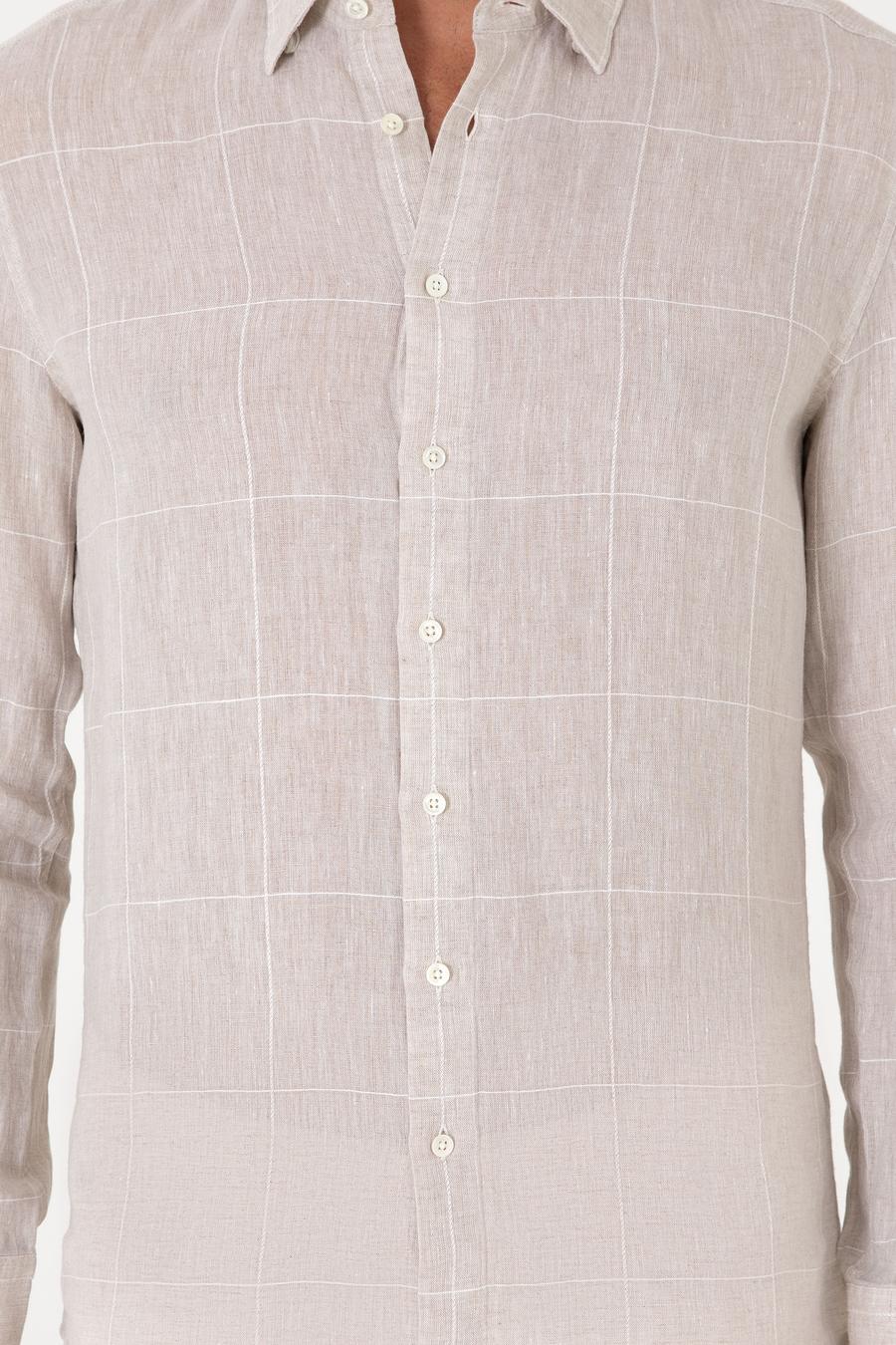 Bej Regular Fit Kareli %100 Keten Gömlek - 50300534023