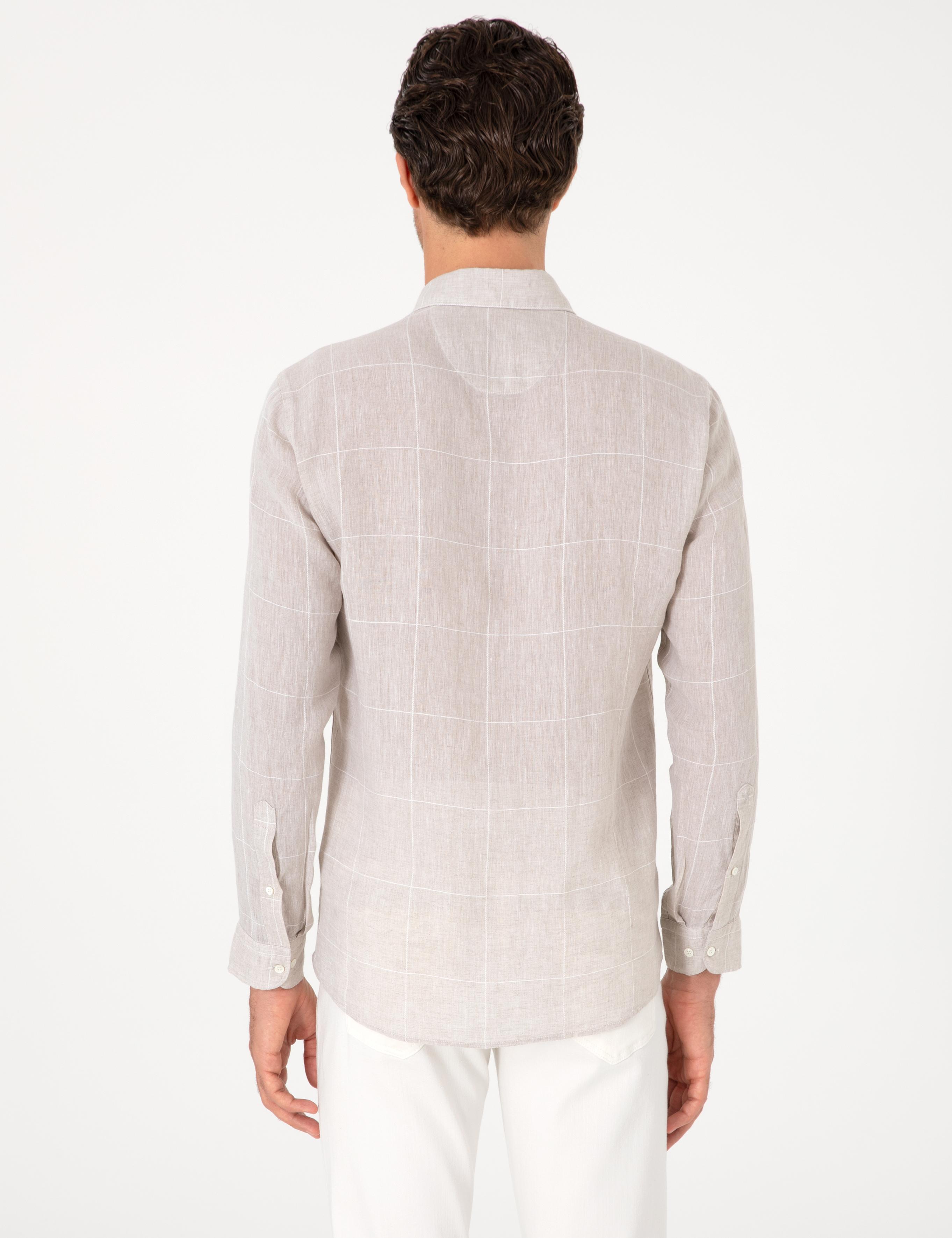 Bej Regular Fit Kareli %100 Keten Gömlek - 50300534023