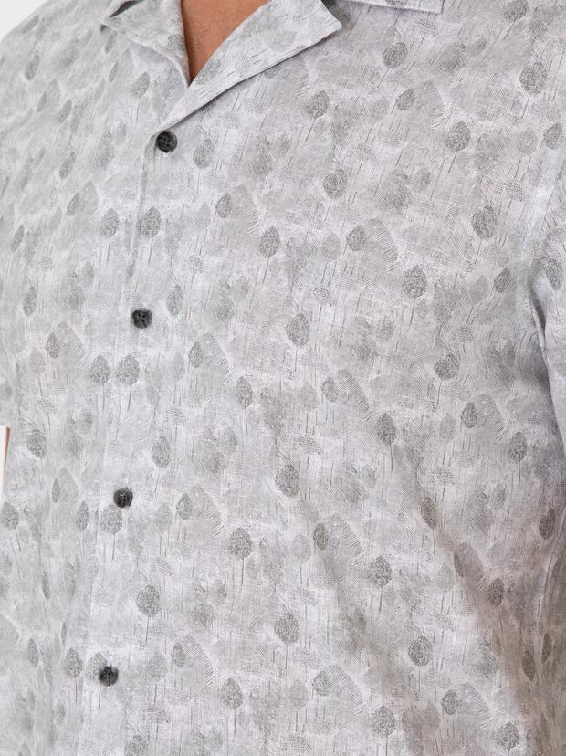 Yeşil Regular Fit Keten Karışımlı Desenli Kısa Kollu Gömlek