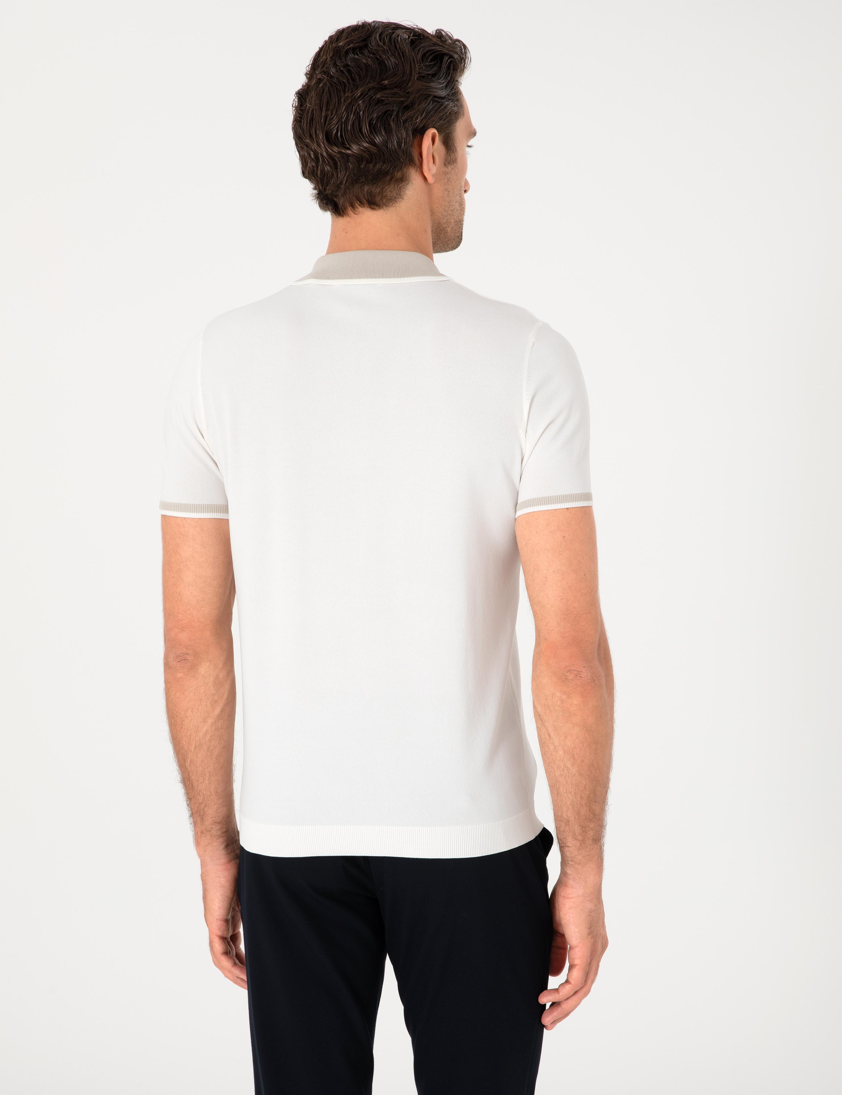 Beyaz Slim Fit Fermuarlı Polo Yaka Triko T-shirt - 50306425002