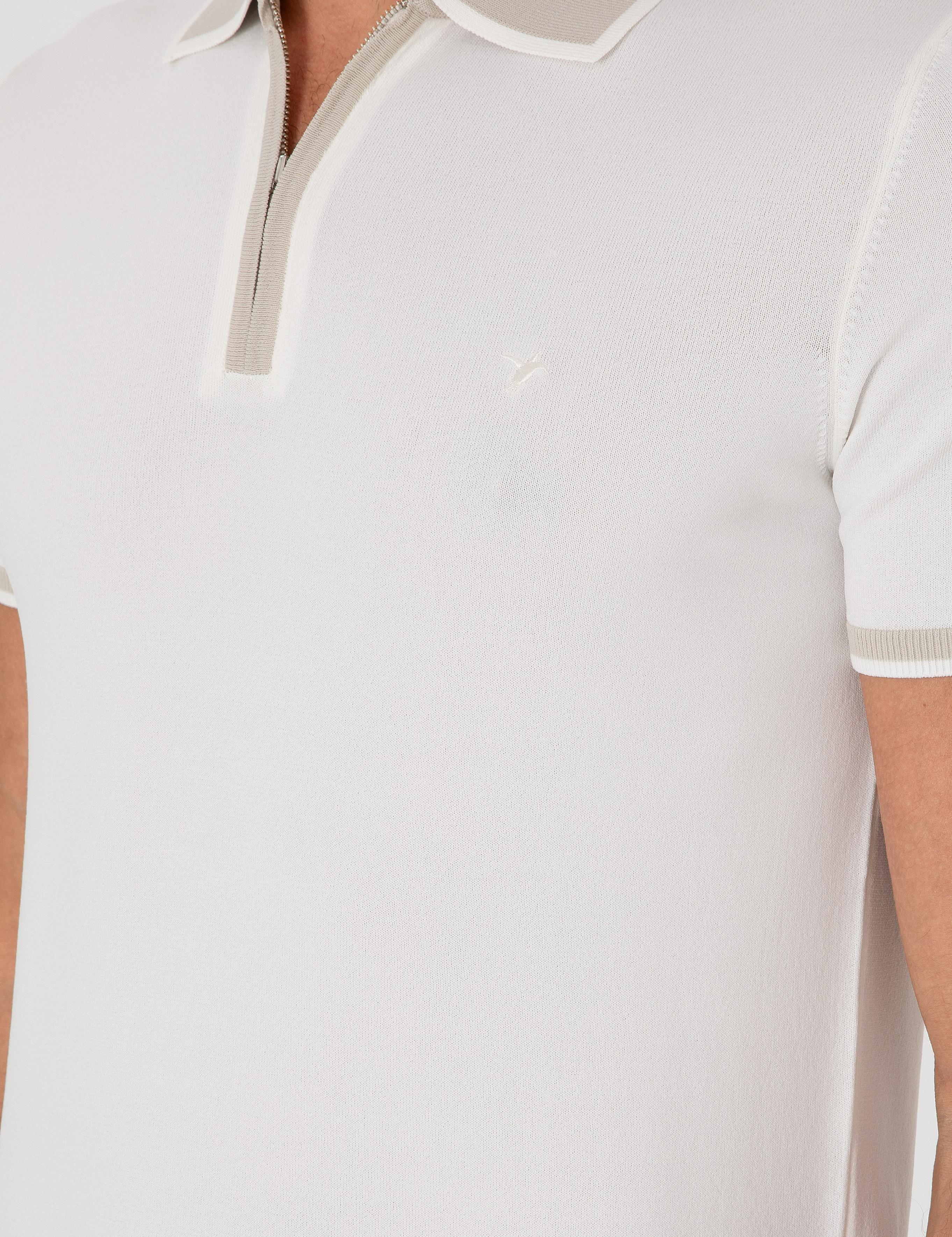 Beyaz Slim Fit Fermuarlı Polo Yaka Triko T-shirt - 50306425002