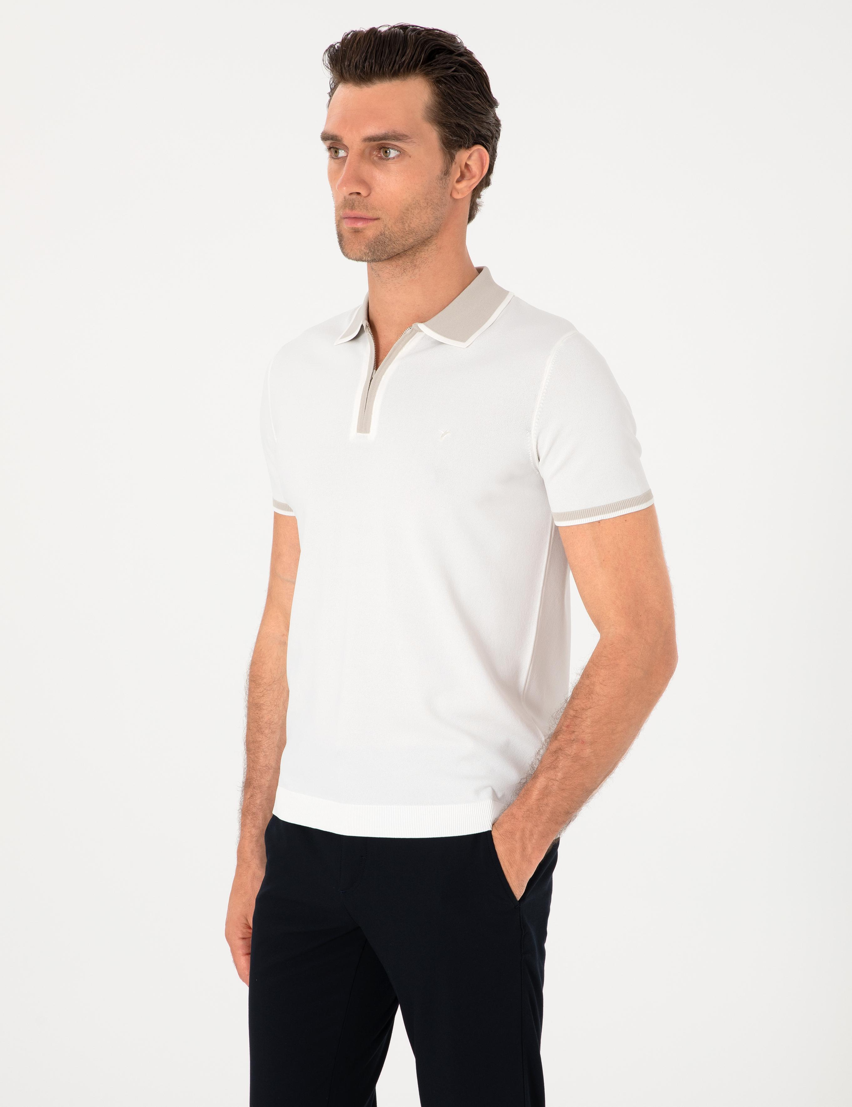 Beyaz Slim Fit Fermuarlı Polo Yaka Triko T-shirt - 50306425002