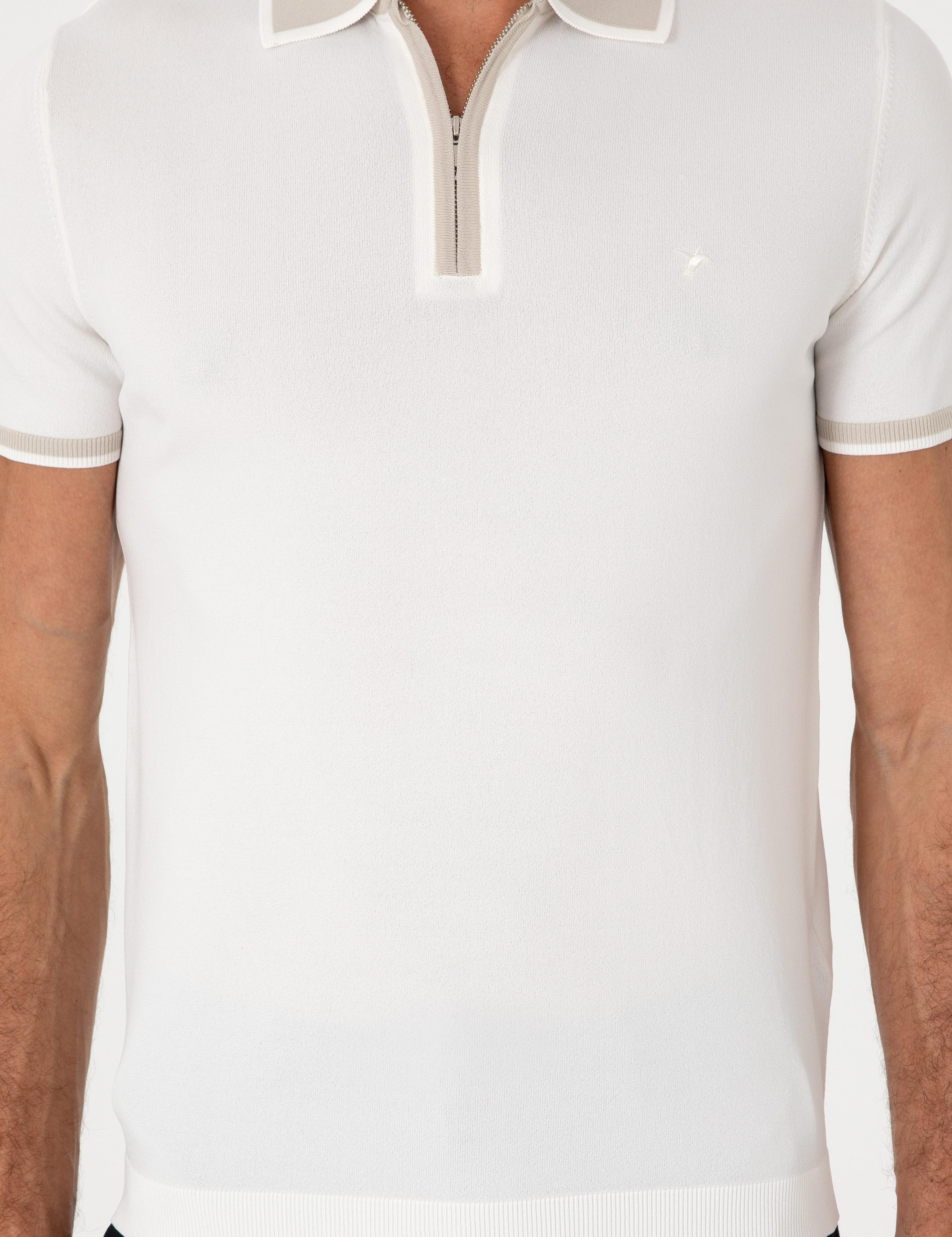 Beyaz Slim Fit Fermuarlı Polo Yaka Triko T-shirt - 50306425002