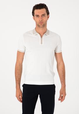 Beyaz Slim Fit Fermuarlı Polo Yaka Triko T-shirt