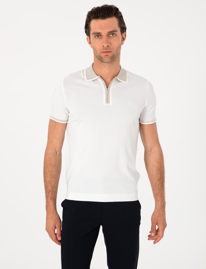 Beyaz Slim Fit Fermuarlı Polo Yaka Triko T-shirt