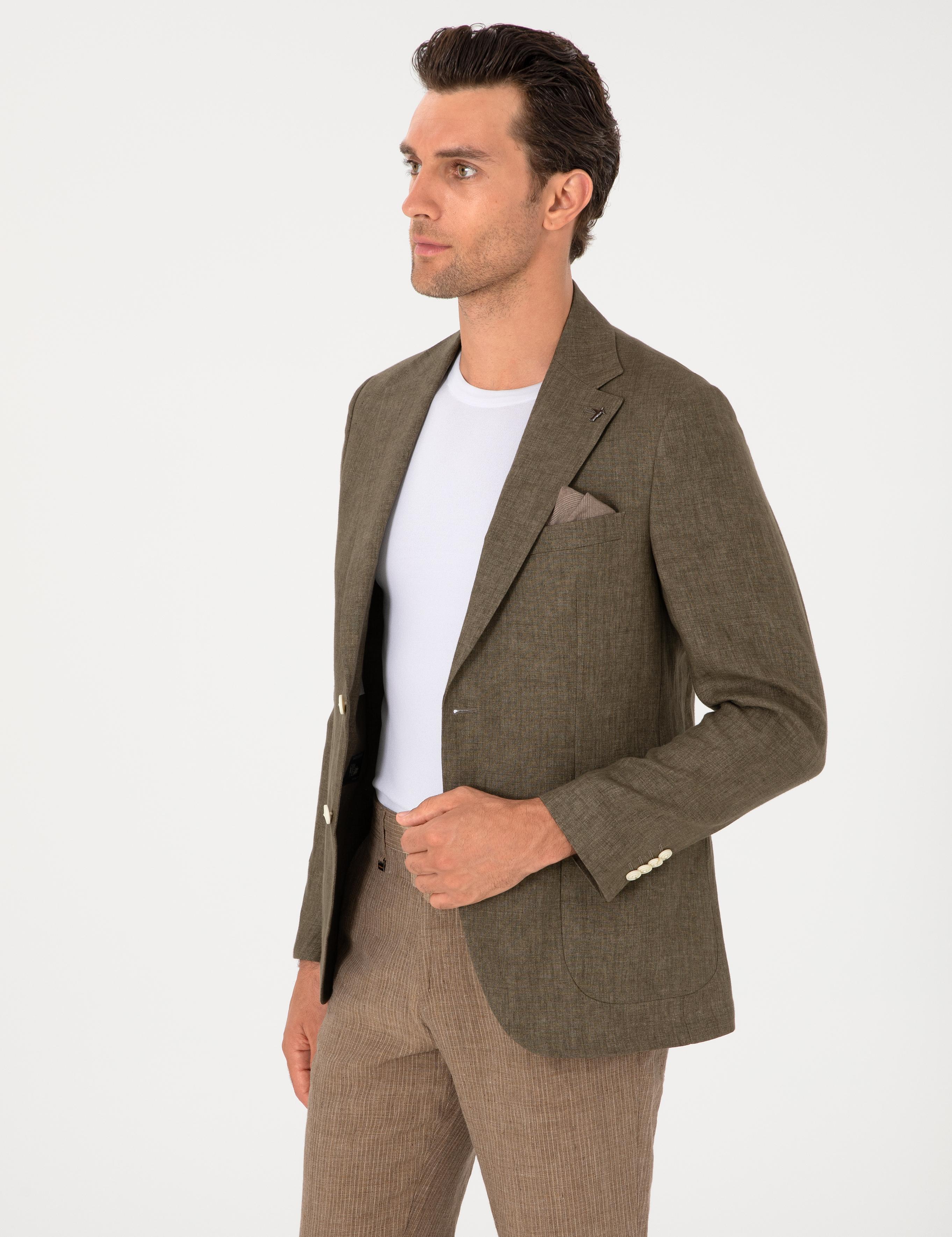 Haki Slim Fit %100 Keten Ceket - 50306124080
