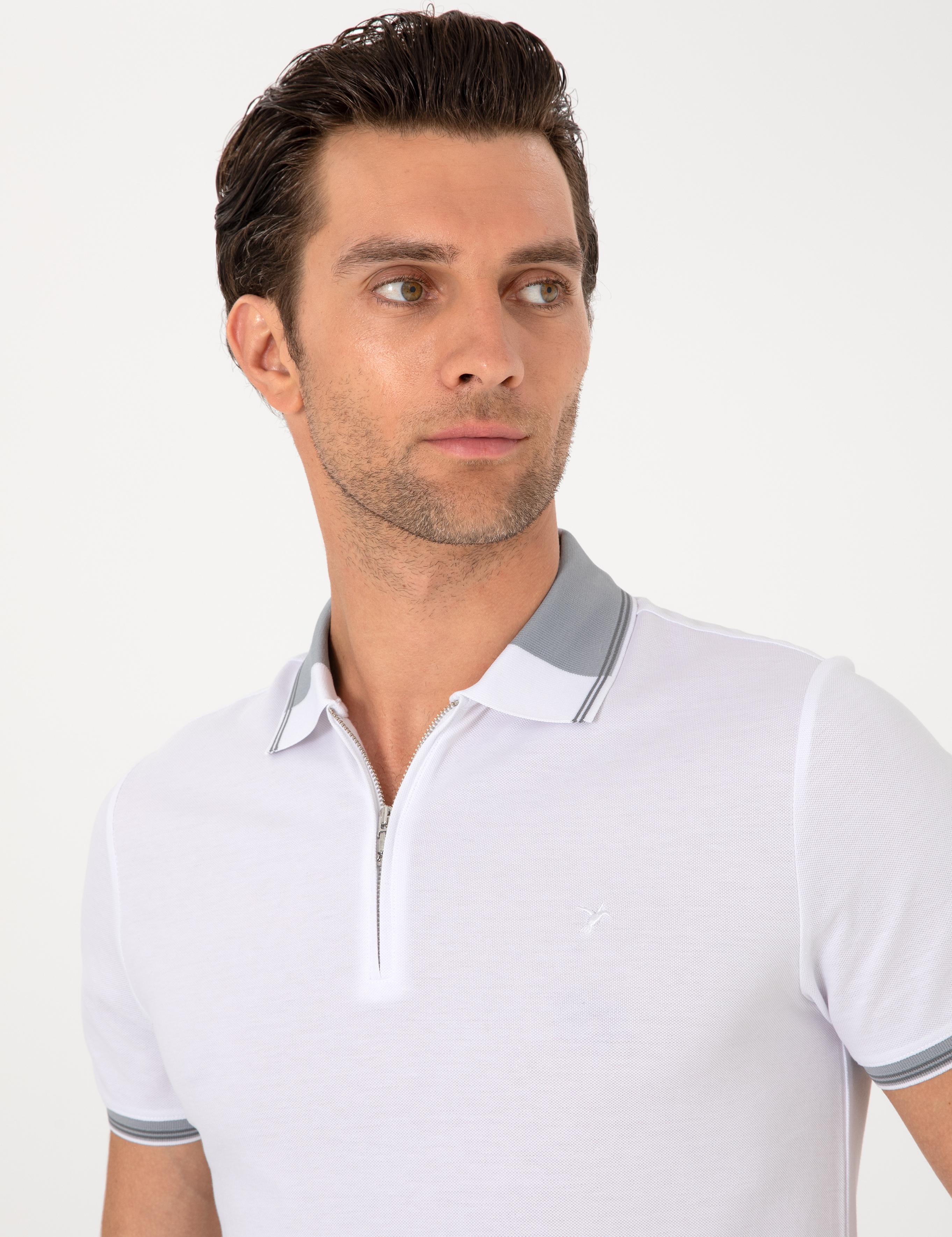 Beyaz Slim Fit %100 Pamuk Fermuarlı Polo Yaka T-shirt - 50301382040