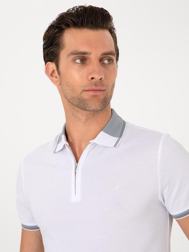Beyaz Slim Fit %100 Pamuk Fermuarlı Polo Yaka T-shirt