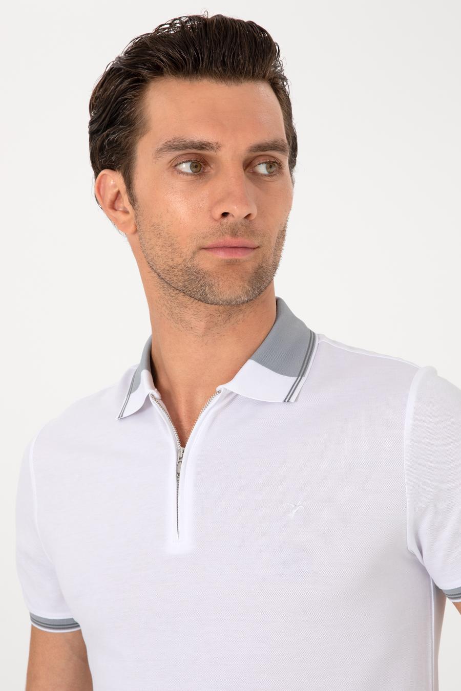 Beyaz Slim Fit %100 Pamuk Fermuarlı Polo Yaka T-shirt - 50301382040