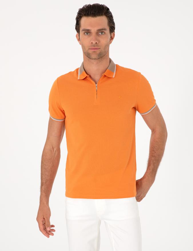 Turuncu Slim Fit %100 Pamuk Fermuarlı Polo Yaka T-shirt