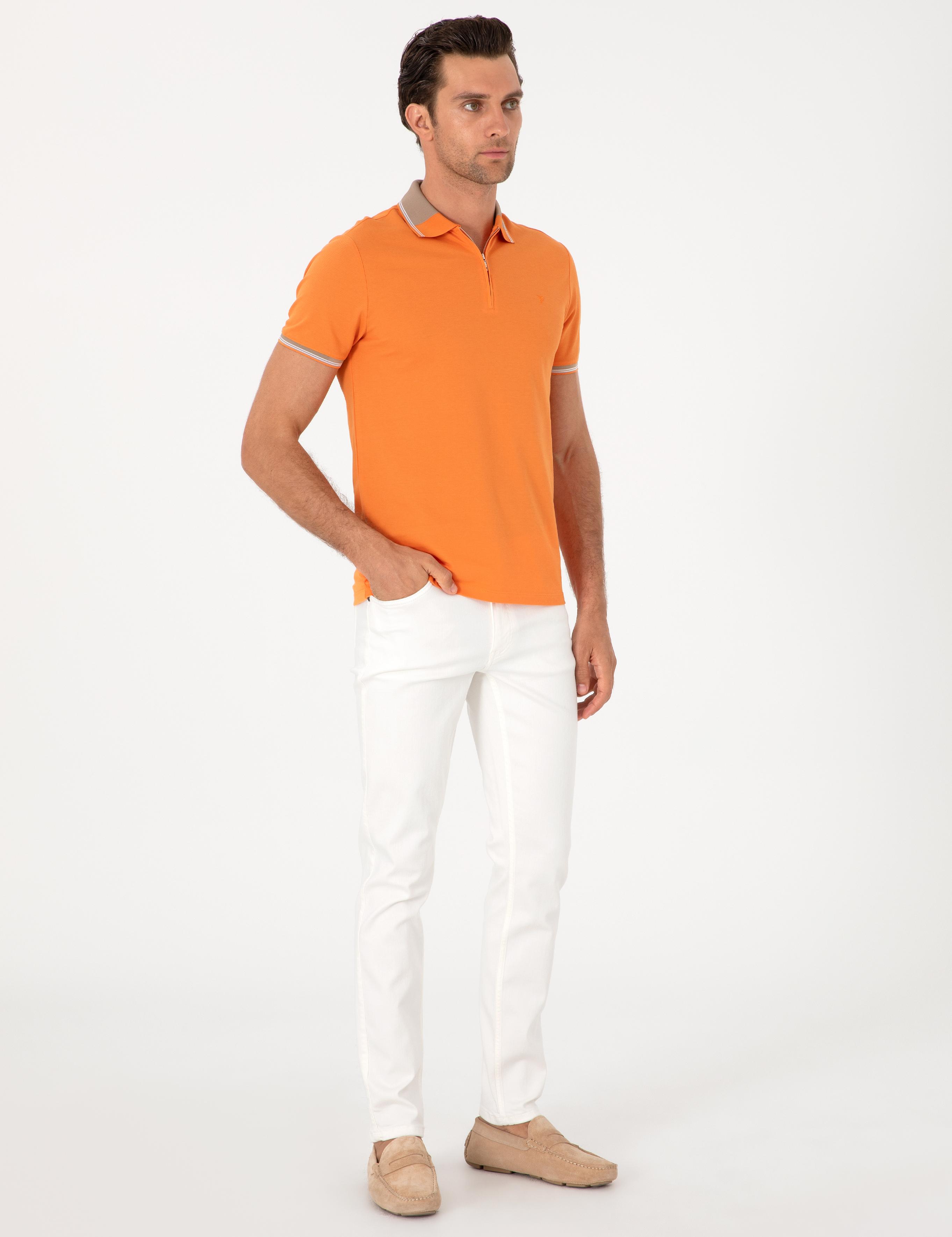 Turuncu Slim Fit %100 Pamuk Fermuarlı Polo Yaka T-shirt - 50301382017