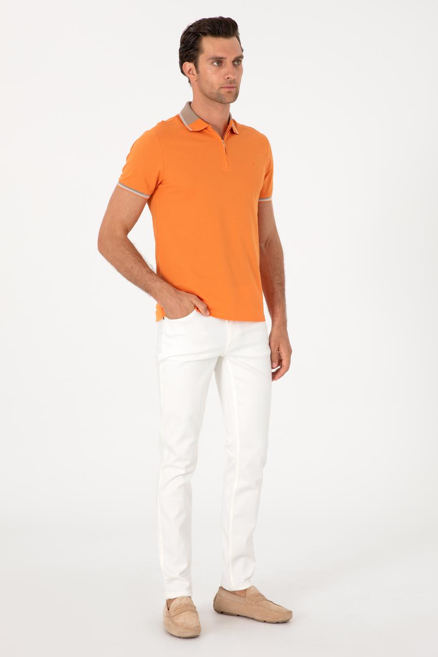 Turuncu Slim Fit %100 Pamuk Fermuarlı Polo Yaka T-shirt - 50301382017